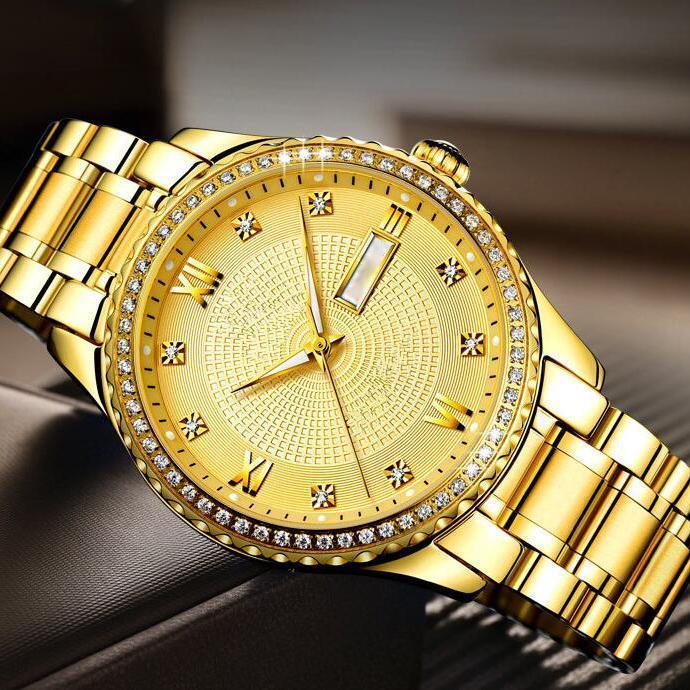 Wasserdichte Luxusgoldkalender leuchtende Uhr