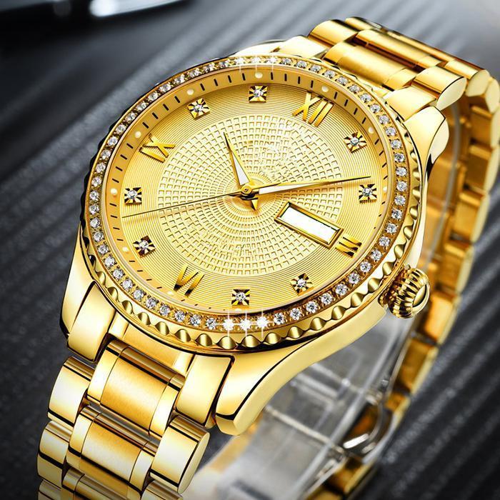 Wasserdichte Luxusgoldkalender leuchtende Uhr