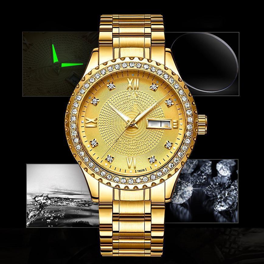 Wasserdichte Luxusgoldkalender leuchtende Uhr