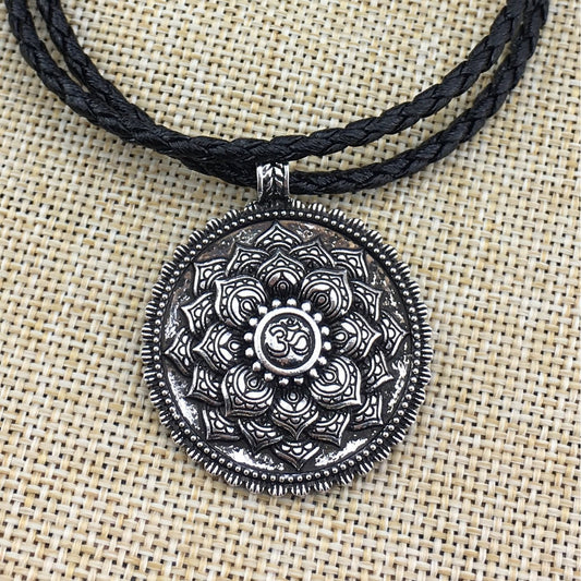 Antique Silver Om Lotus Mandala Pendant Necklaces