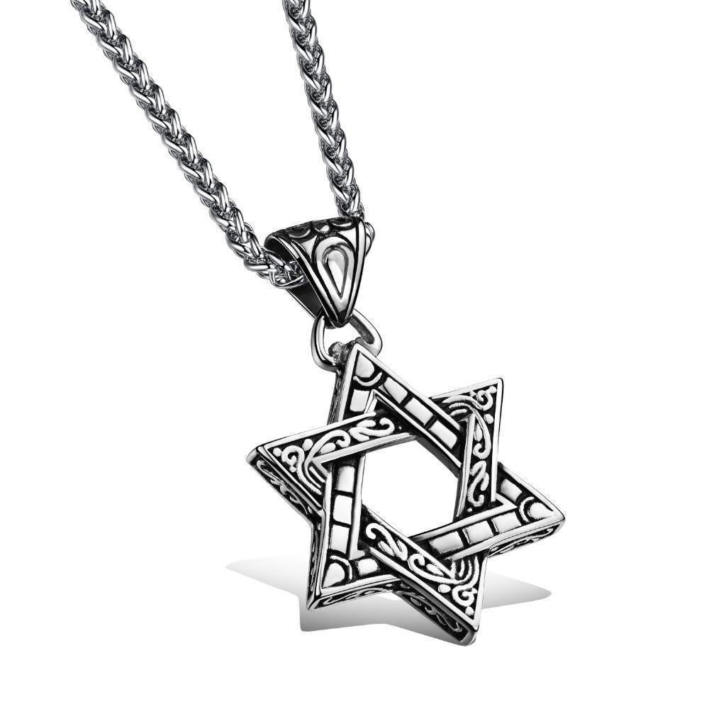 Stainless Steel Paisley Detailed Six-Point Star Pendant Necklaces