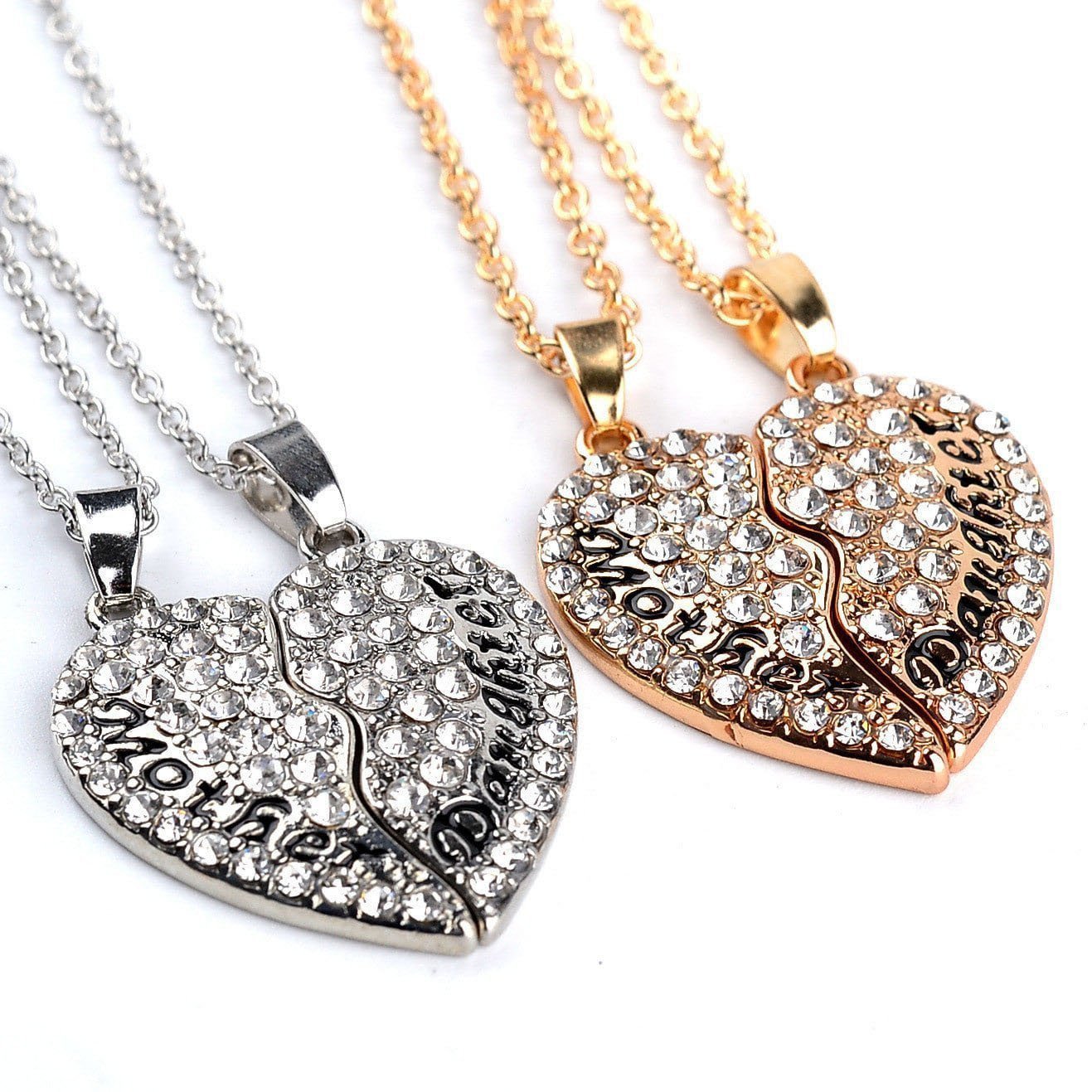 Crystal Studded Two-Part Heart Mother-Daughter Pendant Necklaces