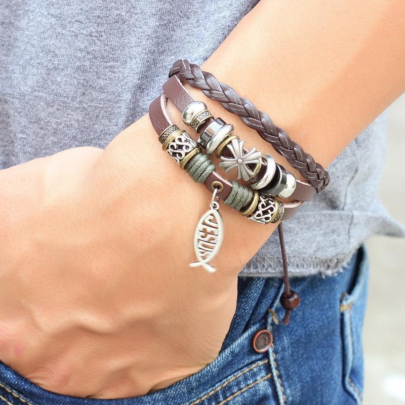 Adjustable Multilayer Leather Ichthys "Jesus Fish" Bracelets