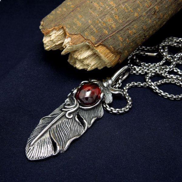 Stainless Steel Gem Stone Feather Pendant Necklaces