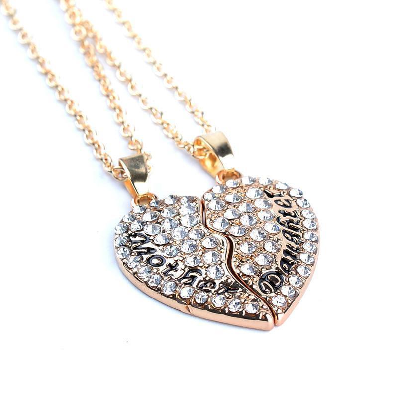 Crystal Studded Two-Part Heart Mother-Daughter Pendant Necklaces