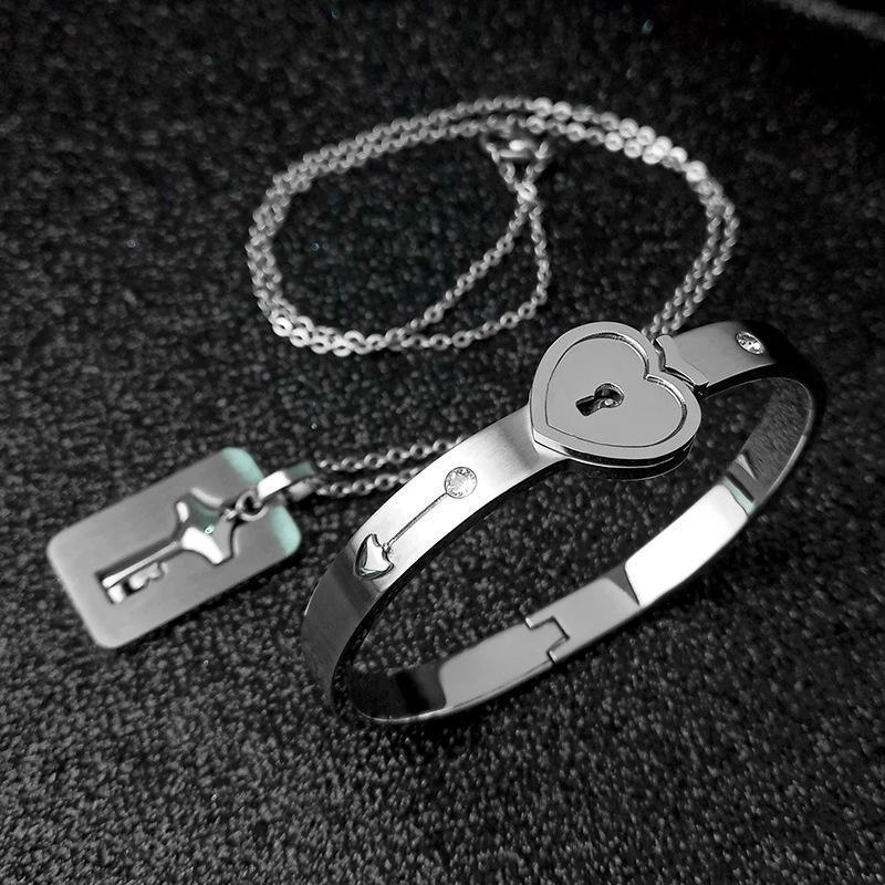 Women Key Necklace Titanium Men Bracelets Set For Couple