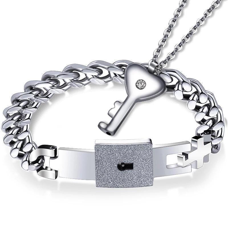 Women Key Necklace Titanium Men Bracelets Set For Couple