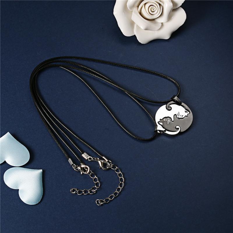 Titanium Steel Black and White Cats Couple Necklace